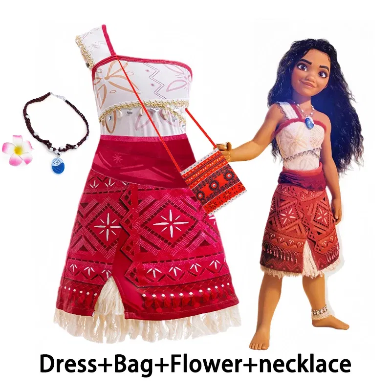 Color: Khaki, Kid Size: 8T - Disney Movie Moana 2 Girl Dress Cosplay Party Costume Ocean Adventure Princess Fancy Clothes Children Vaiana Outfit Dress
