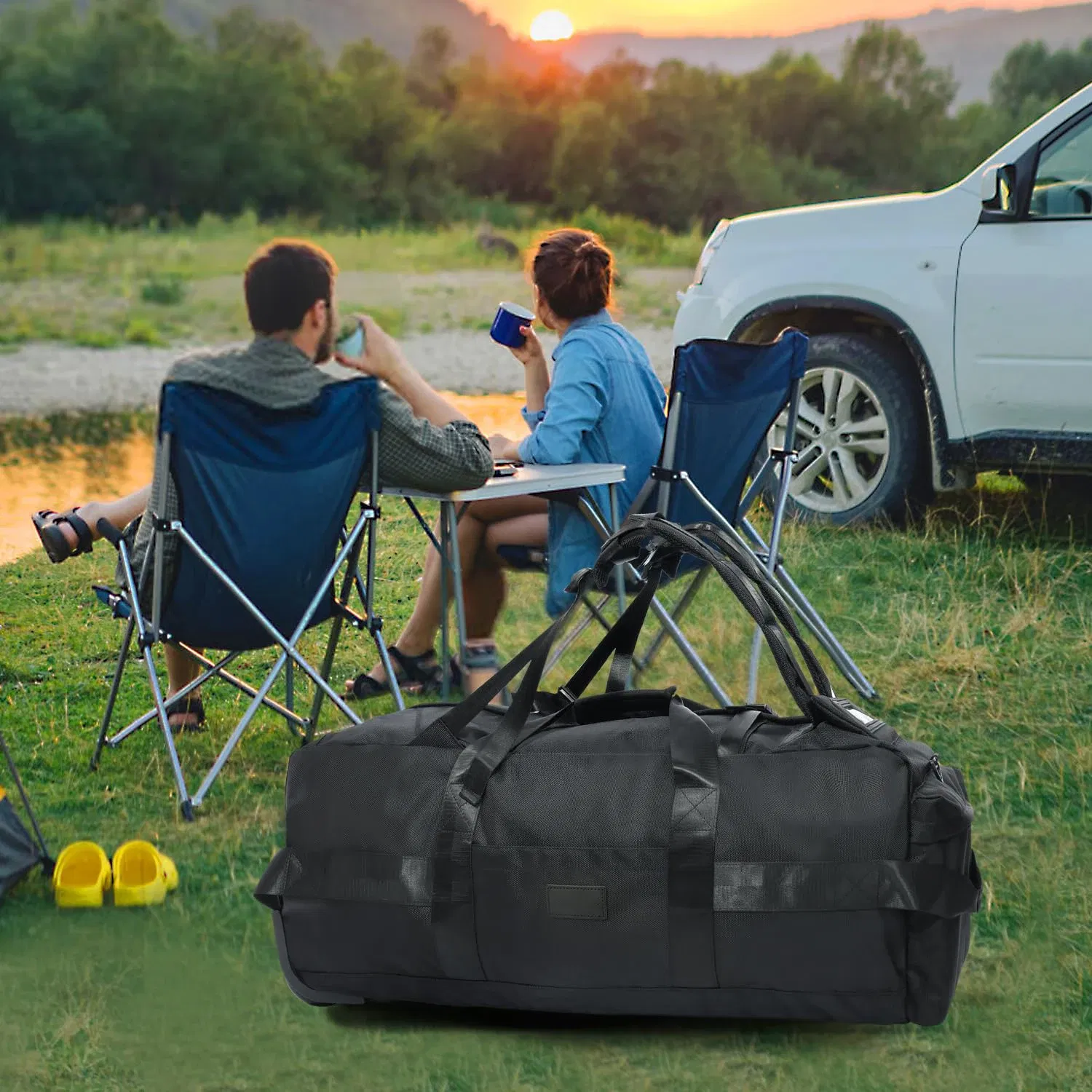 Color: Blue - 80L Rolling Duffle Bag with Wheels 31" Heavy-Duty Foldable Travel Duffel Bag Water-Resistant Wheeled Luggage with Shoulder Strap