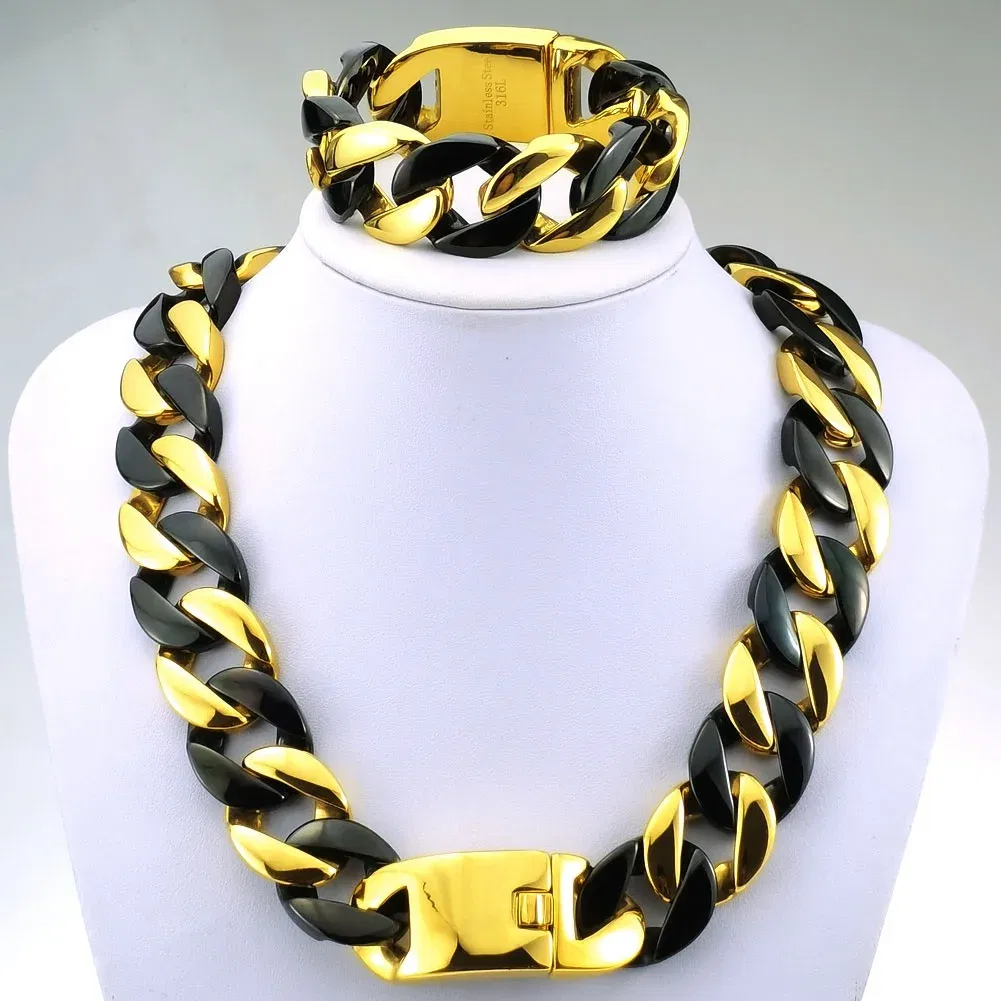 Length: 50cm, Main Stone Color: WHITE - 316L Stainless Steel  and Black Tone Curb 24mm Solid Heavy Long Necklace + Bracelet Jewelry