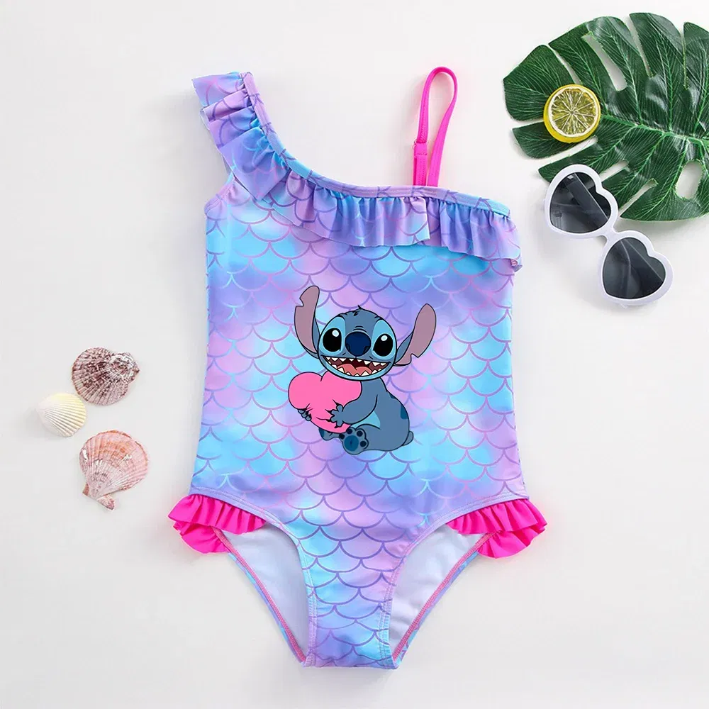 Color: Dark Purple, Size: L - Stitch Girls Swimsuit Fashion Mermaid Fish Scale One-Piece Bathing Suits Children's Dresses Summer Swimwear Beach Suit Kids Wear