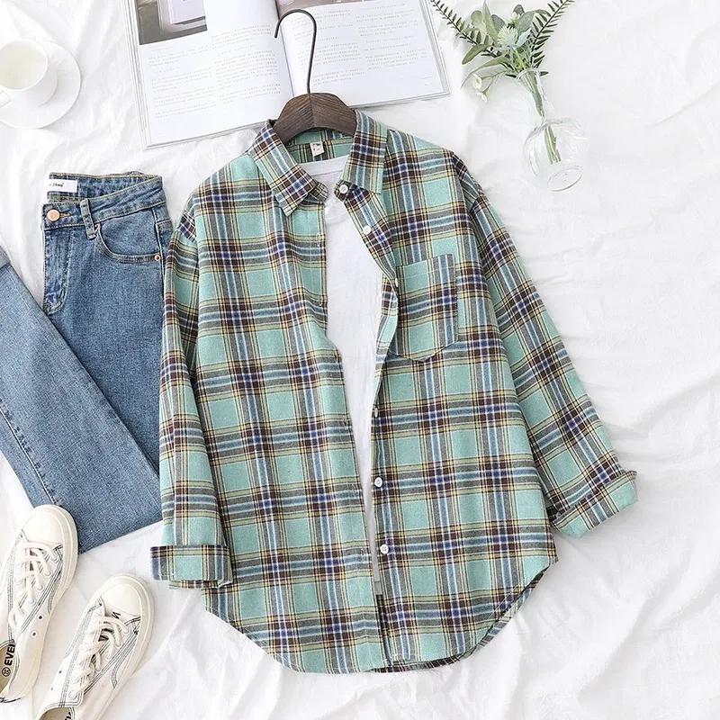 Color: Lavender, Size: M - Fresh Flannel Plaid Shirt Women 2025 New Female Blouses and Tops Cotton Loose Long Sleeve Casual Shirts Fine Women's Clothes