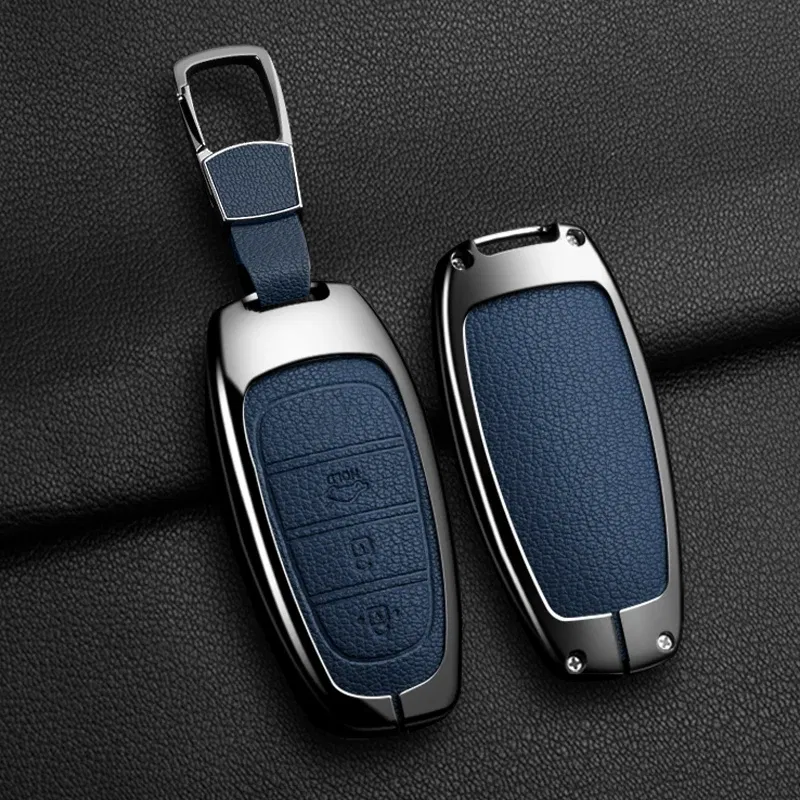 Color Name: ROYAL BLUE - New Auto Alloy Car Key Case Cover Fob for Hyundai Solaris Sonata Hybrid NEXO NX4 New Grand Santa Fe Tucson 2020-2024 Accessories