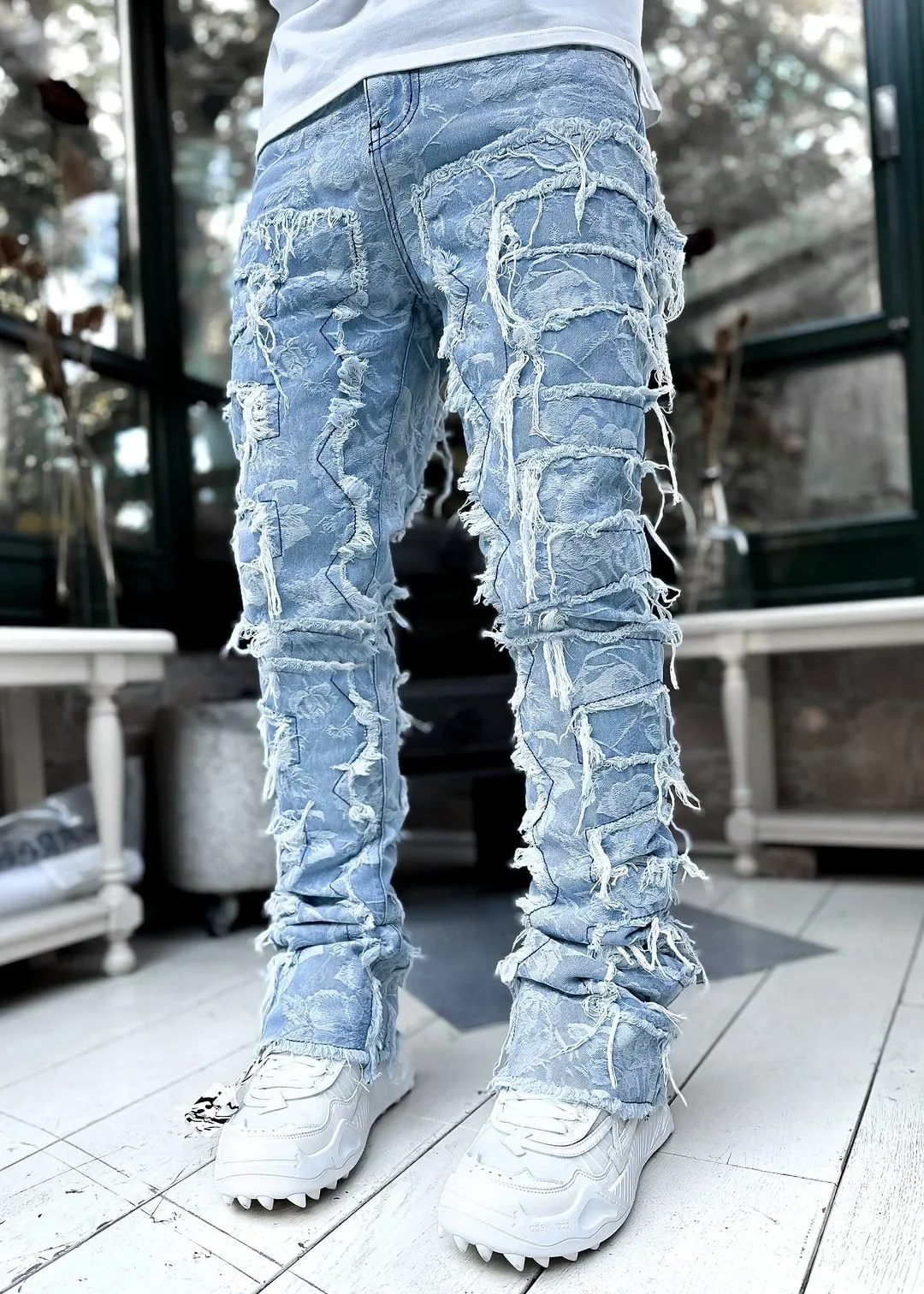 Color: army green, Size: L - Men's Regular Fit Stacked Jeans Ripped Slim Fit Patch Distressed Destroyed Straight Denim Pants Hip Hop Streetwear Trouser Cloth