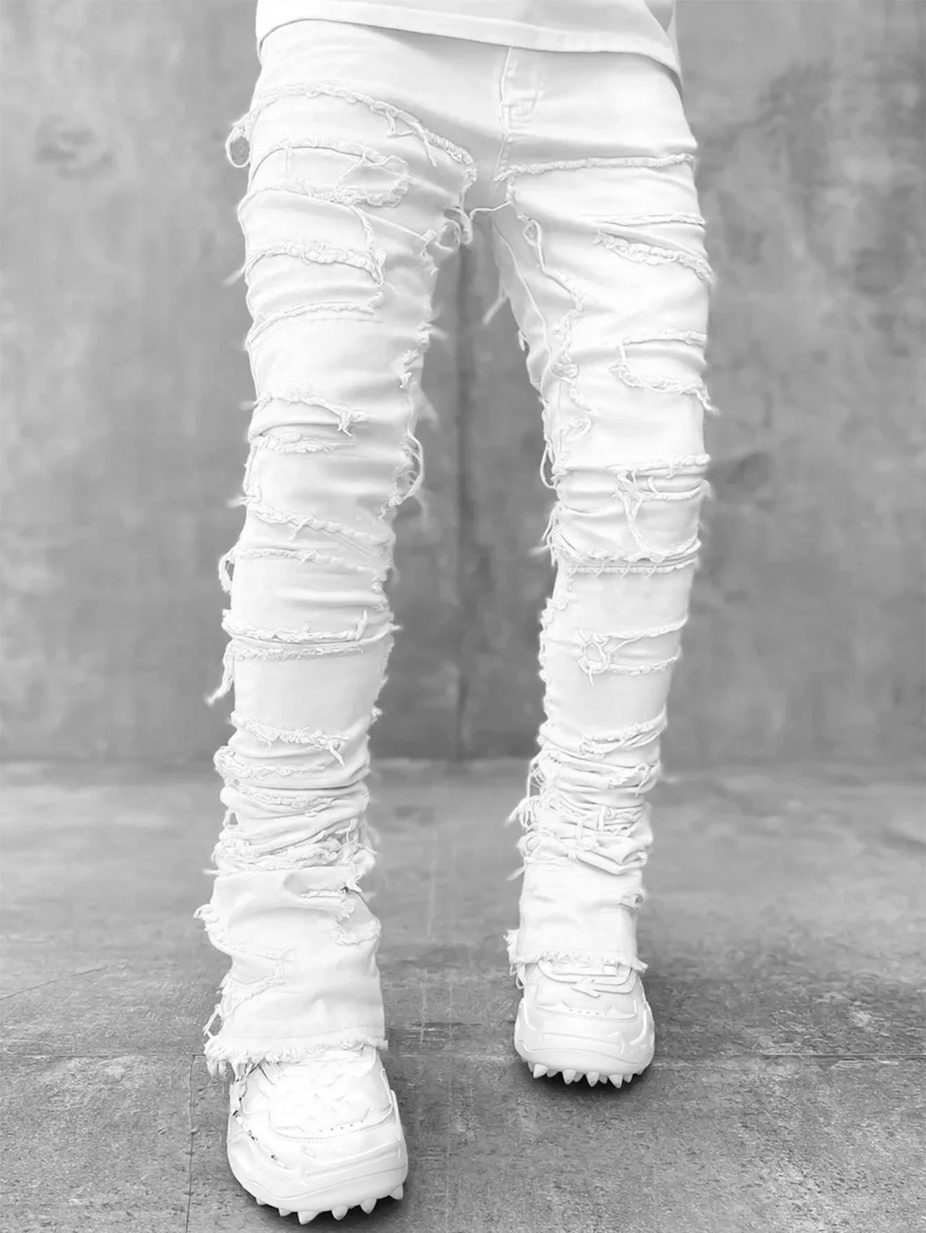 Color: army green, Size: L - Men's Regular Fit Stacked Jeans Ripped Slim Fit Patch Distressed Destroyed Straight Denim Pants Hip Hop Streetwear Trouser Cloth