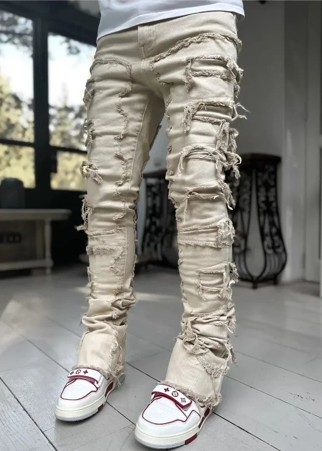 Color: army green, Size: L - Men's Regular Fit Stacked Jeans Ripped Slim Fit Patch Distressed Destroyed Straight Denim Pants Hip Hop Streetwear Trouser Cloth