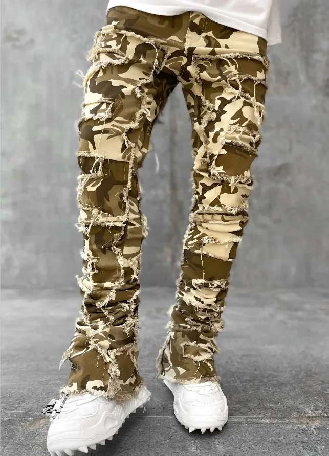 Color: army green, Size: L - Men's Regular Fit Stacked Jeans Ripped Slim Fit Patch Distressed Destroyed Straight Denim Pants Hip Hop Streetwear Trouser Cloth