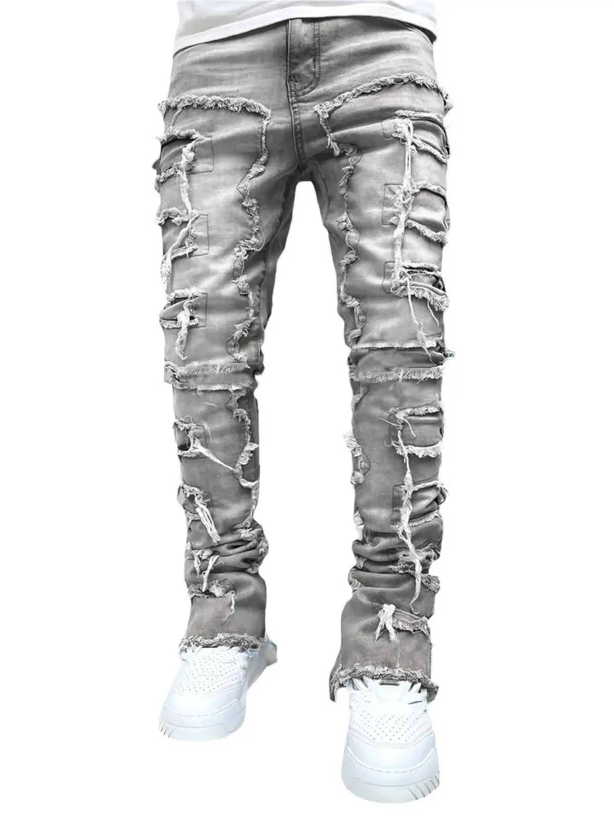 Color: army green, Size: L - Men's Regular Fit Stacked Jeans Ripped Slim Fit Patch Distressed Destroyed Straight Denim Pants Hip Hop Streetwear Trouser Cloth