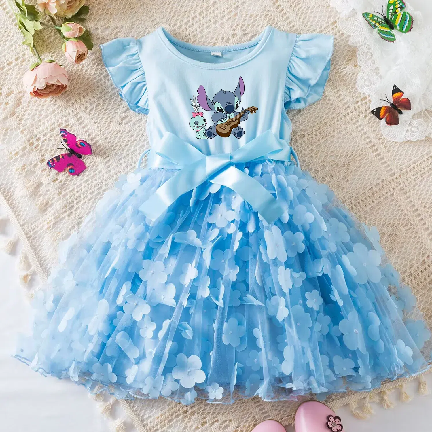Color: DEEP BLUE, Size: XL - 3D Butterfly Cute Lilo Stitch Summer Dress for Kid's Casual Clothes Baby Girls Beautiful Princess Dress Party Dresses 2-6 Yrs