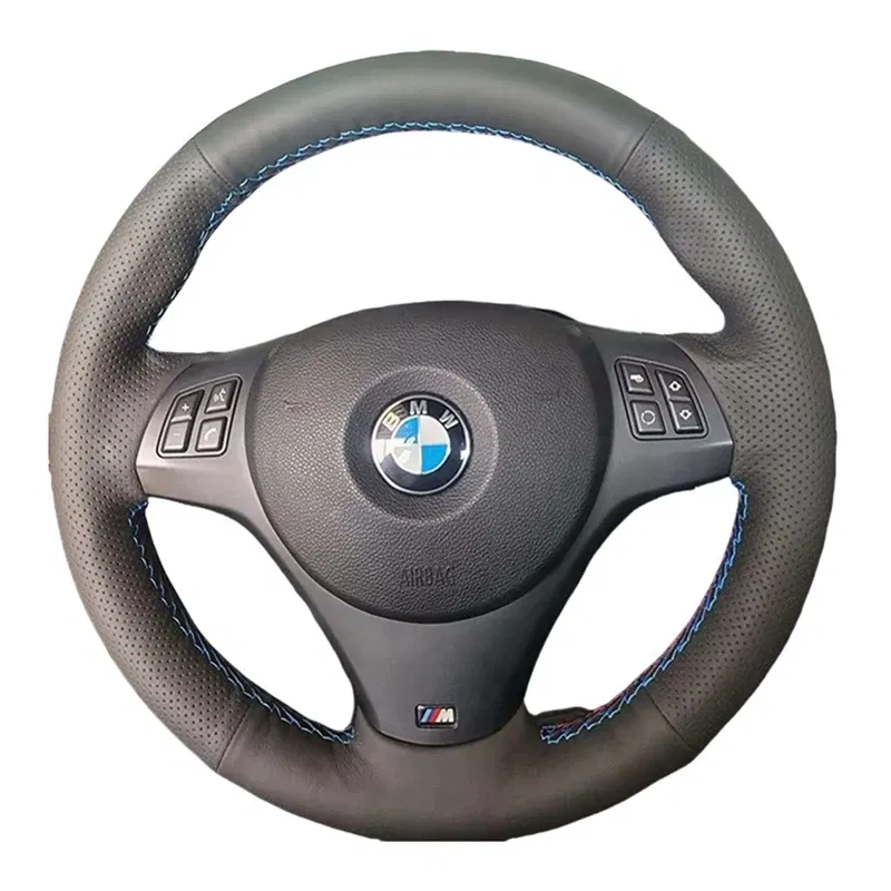 Color Name: light green - Full Black Leather Car Steering Wheel Braid Soft Leather Cover For BMW E81 E90 Pack M Sport M3 E91 E92 E93 E87 E82 E88 X1 E84