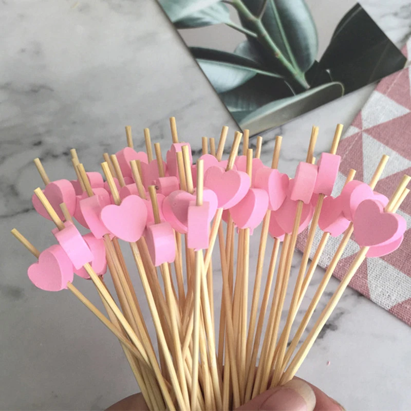 Color: Pink - 100 Pack Of 12cm Love Fruit Skewers Disposable Platters Sushi Burgers Cocktails Snacks Bamboo Skewers