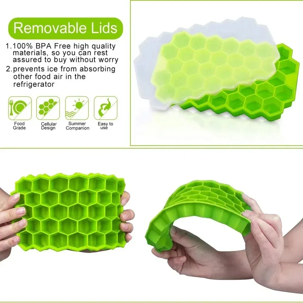 Color: Pink - 37 Cavity Honeycomb Ice Cube Trays Reusable Silicone Ice Cube Mold BPA Free Ice Maker with Removable Lids