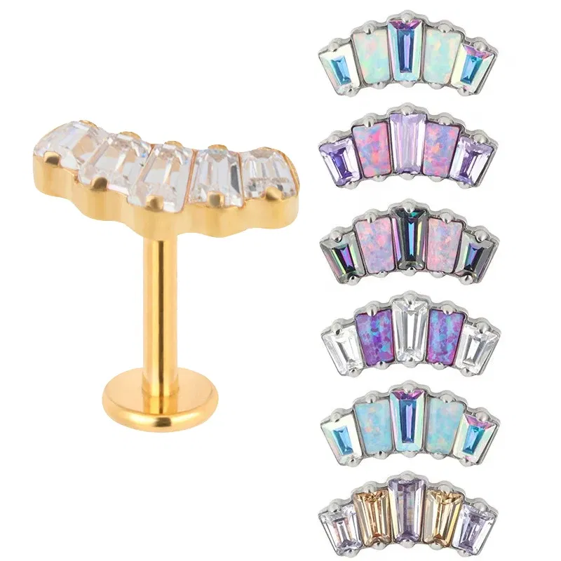 Metal color: RED, Main Stone Color: Pink, Ships From: CHINA - G23 Titanium Ear Studs 5 Oblong CZ Blaze Curve Top Threaded Labret PIERC Lip Stud Ear Cartilage Tragus Helix Piercing Jewelry
