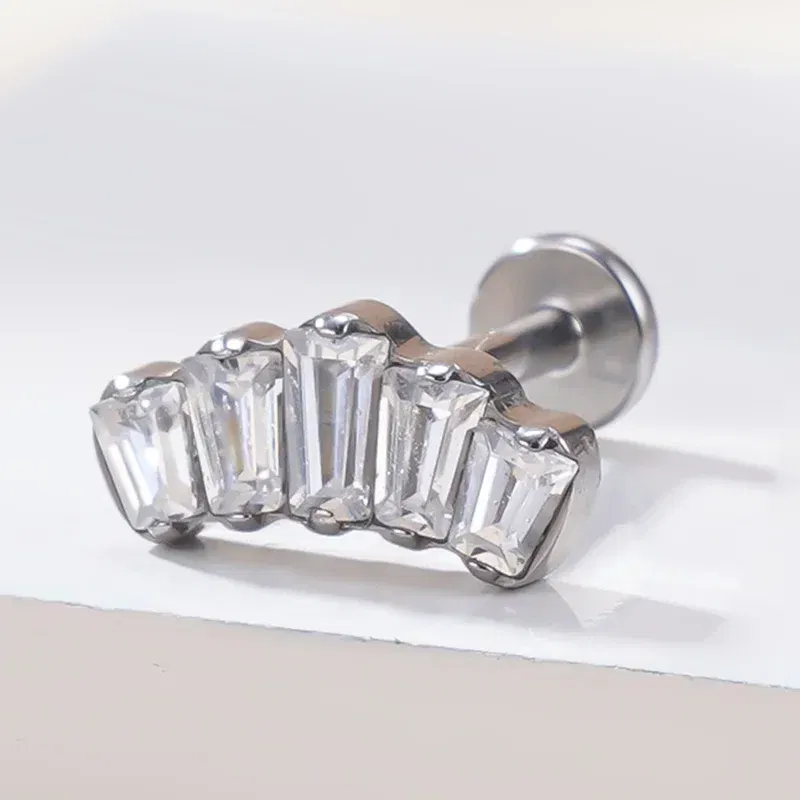 Metal color: RED, Main Stone Color: Pink, Ships From: CHINA - G23 Titanium Ear Studs 5 Oblong CZ Blaze Curve Top Threaded Labret PIERC Lip Stud Ear Cartilage Tragus Helix Piercing Jewelry