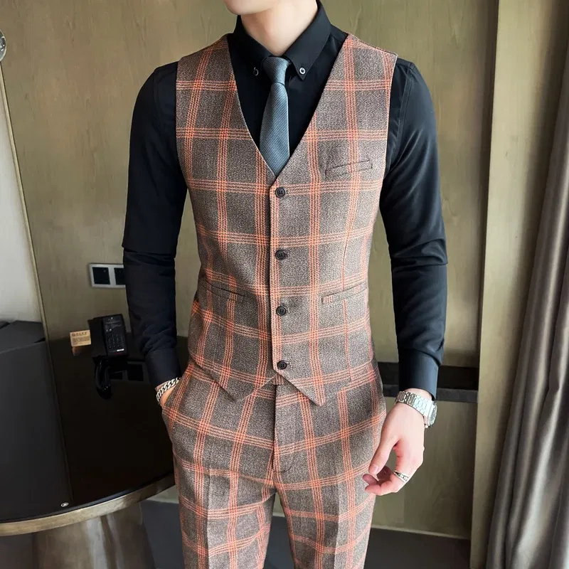 Color: black, Size: M - High-quality British men's fashionable and stylish checkered casual suit set for autumn, a casual and fitted suit set of three