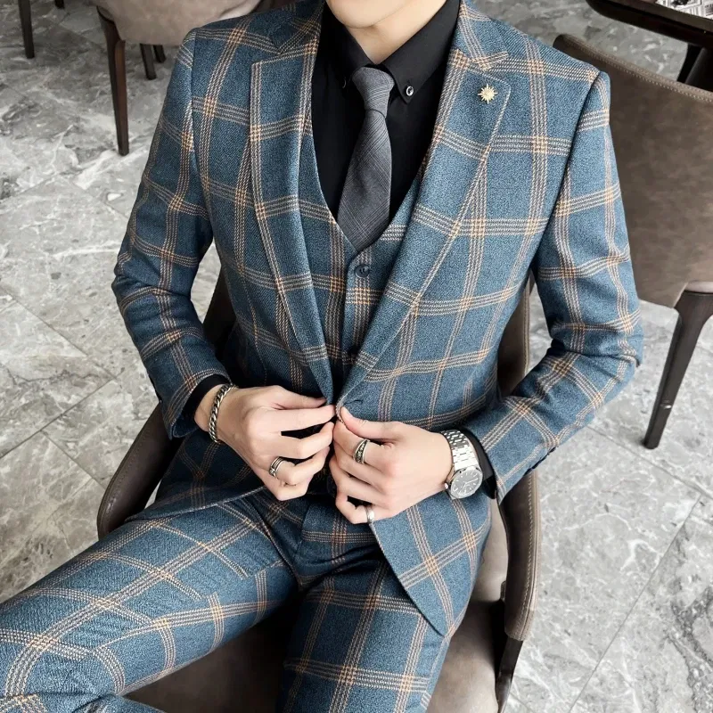 Color: black, Size: M - High-quality British men's fashionable and stylish checkered casual suit set for autumn, a casual and fitted suit set of three