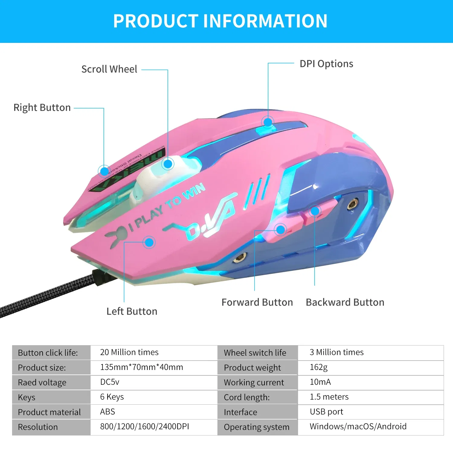 Color: black - 2400DPI Gaming Mouse Color Backlit Silent Mouse USB Wired Gaming Mouse Pink Computer Professional for Lol Data Laptop