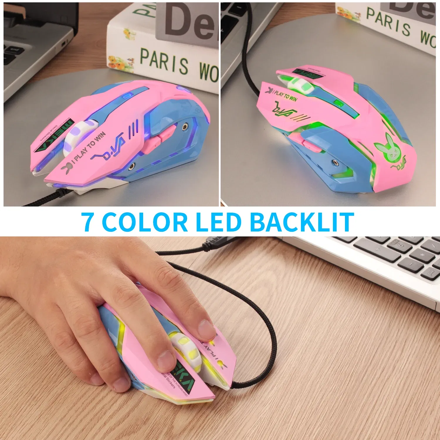 Color: black - 2400DPI Gaming Mouse Color Backlit Silent Mouse USB Wired Gaming Mouse Pink Computer Professional for Lol Data Laptop