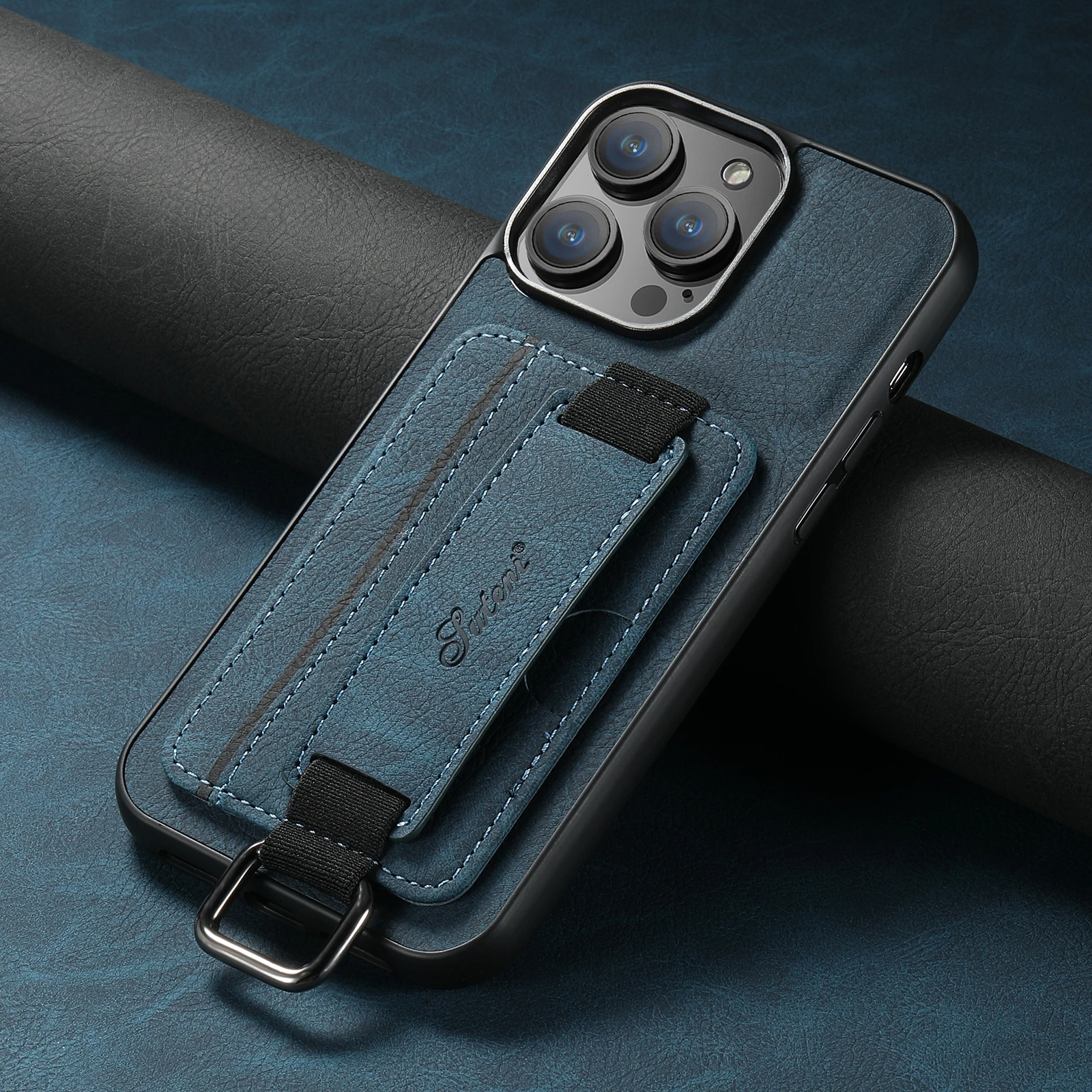 Color: Blue, Material: Denim - SUTENI Lychee skin print wrist strap card phone case Card holder for iPhone 16 ProMax 15 Plus 14 13 12 11 XR XS Black/blue/brown