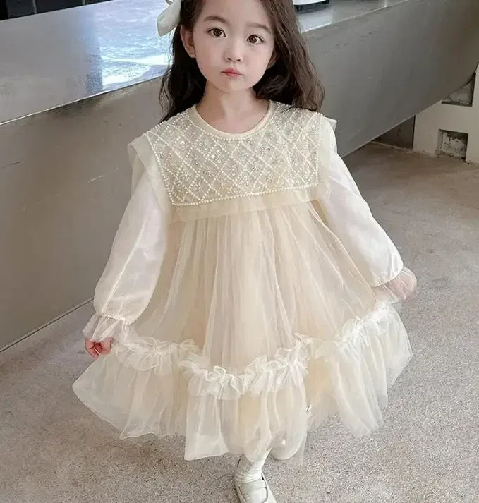 Color: Beige, Kid Size: 3T - Girls' Princess Dress 2023 Spring Summer Children's Wear Korean  Pearl Neck Princess Dress Fashion Yarn Dress