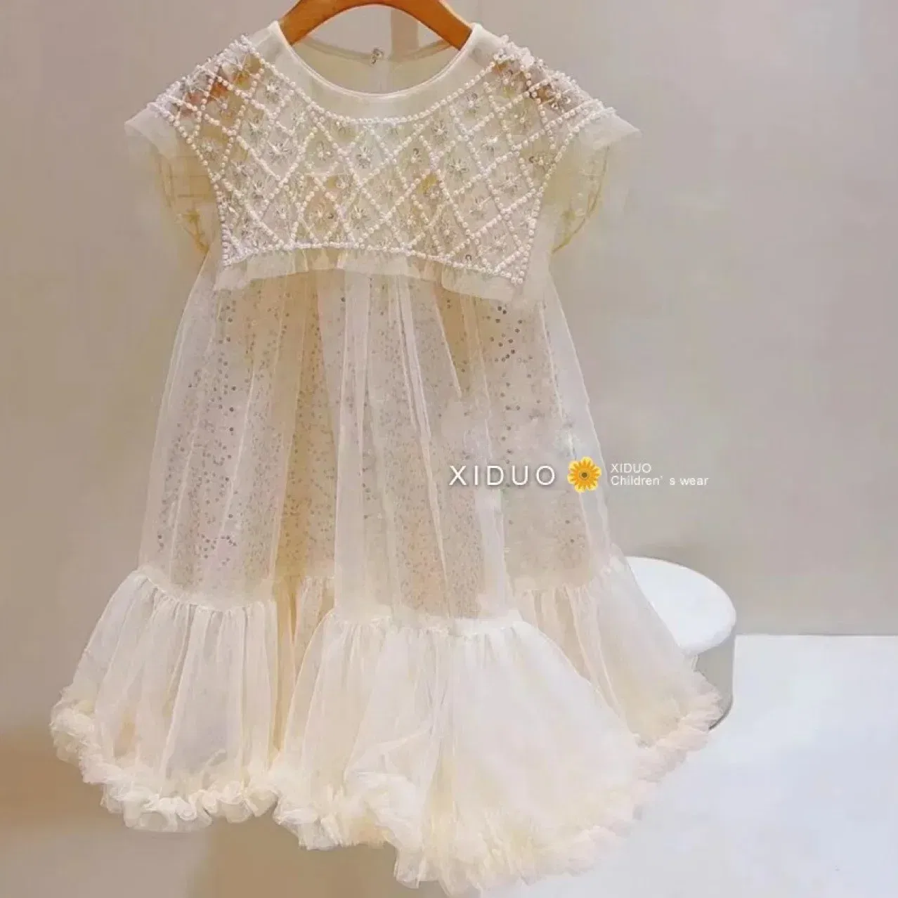 Color: Beige, Kid Size: 3T - Girls' Princess Dress 2023 Spring Summer Children's Wear Korean  Pearl Neck Princess Dress Fashion Yarn Dress