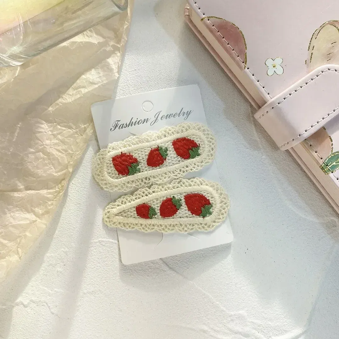 Color: Red - 2Pcs Sweet Girl Embroidery Hairpin Lace Side Clip Cute Kids Hair Ornament Pastoral Style Fruit Pattern Headwear