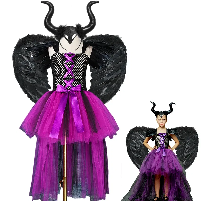Color: Beige, Kid Size: 4T - Halloween Witch Tutu Dress for Girls Handmade Mesh Bat Wizard Cosplay Costumes with Hat Broom Toddler Evil Party Clothes Set