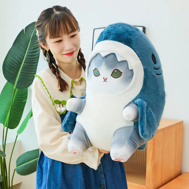 Color: FireBrick, Height: 0-10cm - Funny Shark Cat Transformed Cat Doll Plush Toy for Kids, Kawaii Girl Rag Doll, Children's Pillow, Creative Gift, New Product