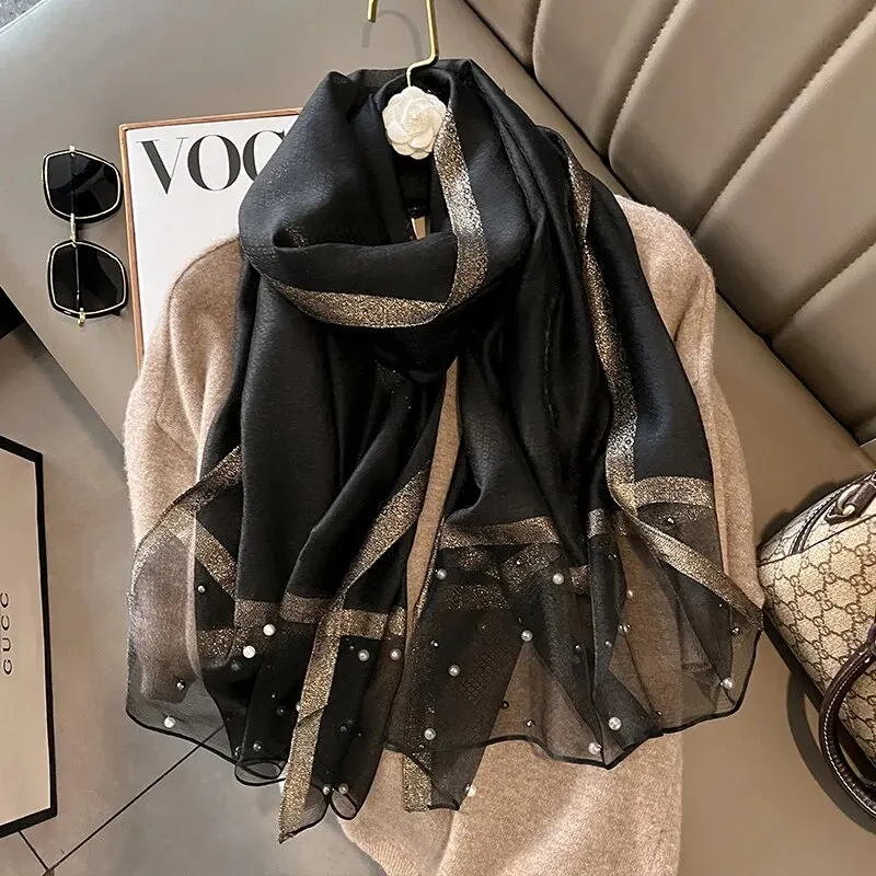 Color: Pink - 2024 Luxury Brand Women Fashion Scarf Plain Solid Silk Linen Shawls Summer Lady Bandanas Foulard Hijab