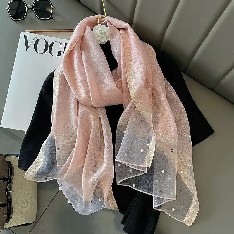 Color: Pink - 2024 Luxury Brand Women Fashion Scarf Plain Solid Silk Linen Shawls Summer Lady Bandanas Foulard Hijab