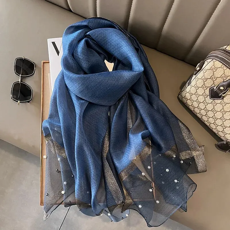 Color: Pink - 2024 Luxury Brand Women Fashion Scarf Plain Solid Silk Linen Shawls Summer Lady Bandanas Foulard Hijab