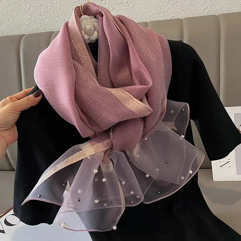 Color: Pink - 2024 Luxury Brand Women Fashion Scarf Plain Solid Silk Linen Shawls Summer Lady Bandanas Foulard Hijab