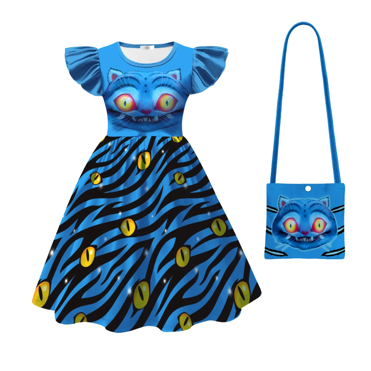 Color: SKY BLUE, Kid Size: 4 - Festival Children Carnival Masquerade Elegant Party Kids Clothes Fashion Girls KPop Demon Hunter Tiger Print Dress for 3-14Years