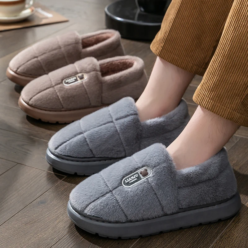 Color: Red, Shoe Size: 44-45 - Men's slippers Winter Solid Color Wrap Heels Plush Slippers Non-slip Warm Women Men Home Casual Cotton Shoes Big Size 50 51