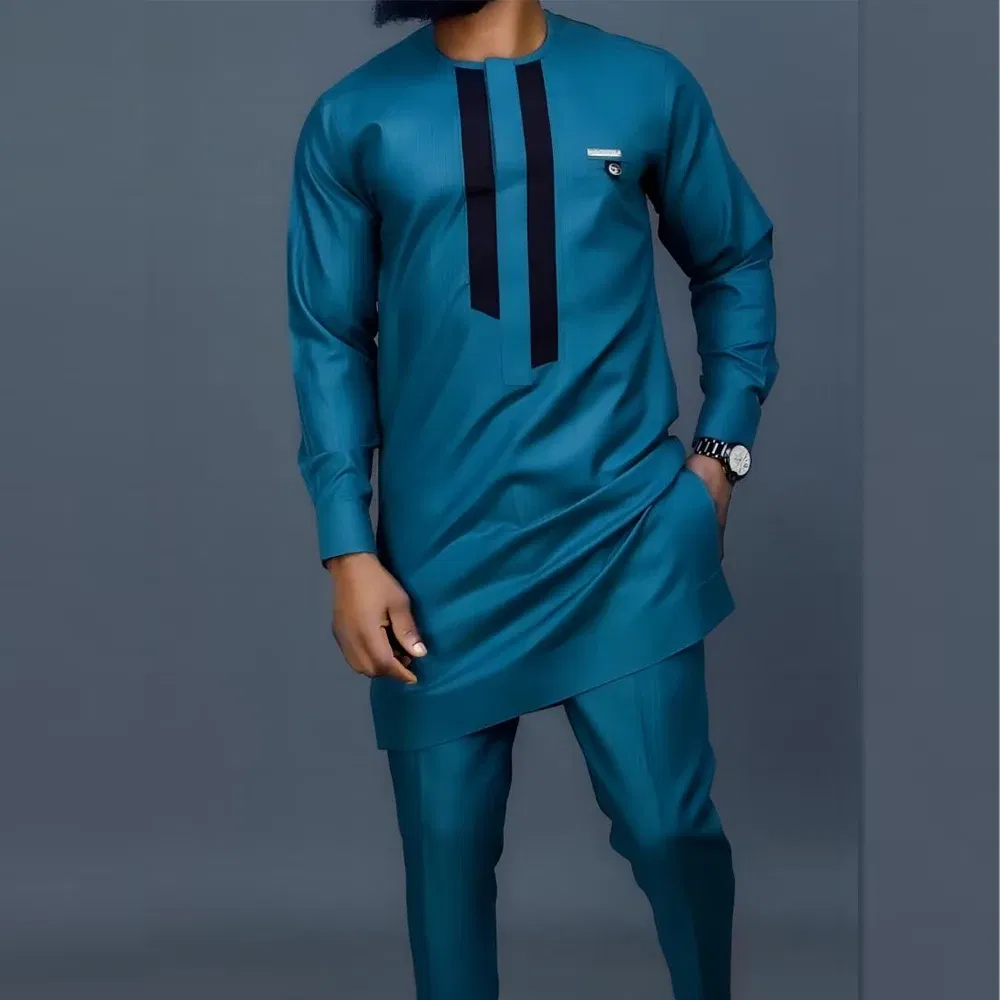 Color: Champagne, Size: XXL - New Men's Tenos Wedding 2-Piece Suit Waist Pants Shirt Solid Color Panel Long Sleeve Party African Ethnic Style Clothing (M-4XL)