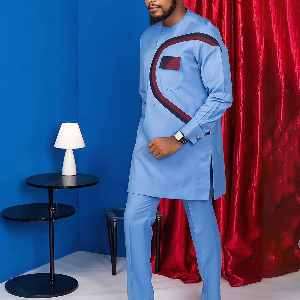 Color: Dark Grey, Size: XXL - New Men's Tenos Wedding 2-Piece Suit Waist Pants Shirt Solid Color Panel Long Sleeve Party African Ethnic Style Clothing (M-4XL)