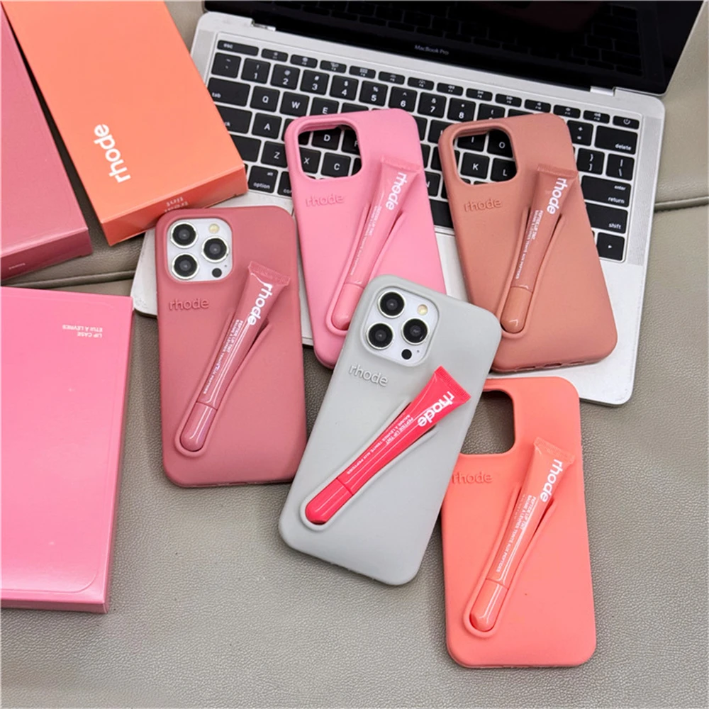 Color: PURPLE, Compatible-Phone Models: For iPhone 16 Pro - New Rhode Lipstick Soft Silicone Phone Case for iPhone 16 15 14 13 12 11 Pro Max Plus Portable Lip Gloss Holder Cover with Box