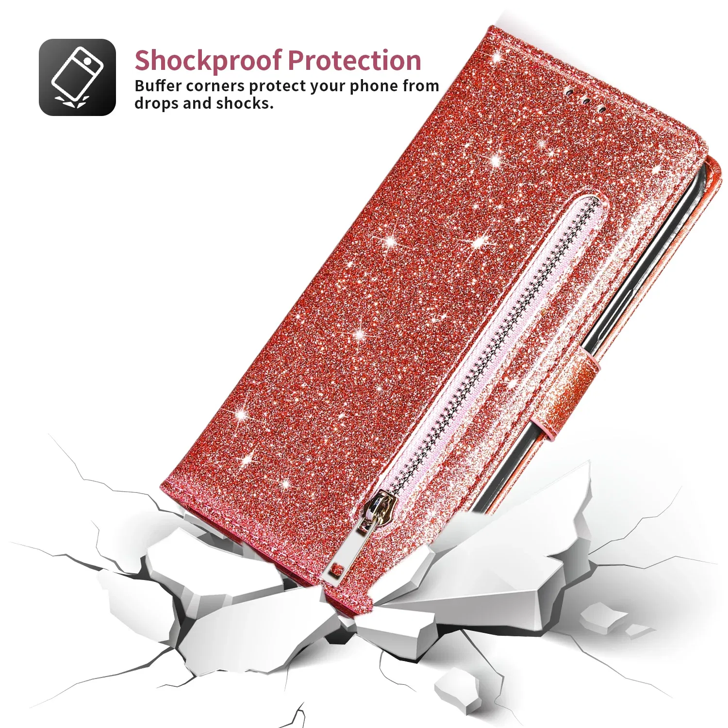 Color: Rose Red, Material: PU - Zipper Flip Wallet Glitter Leather Case for iPhone 16 15 14 13 12 11 Pro Max XS XR 8 7 Plus SE 2022 Mini Bling Stand Phone Cover