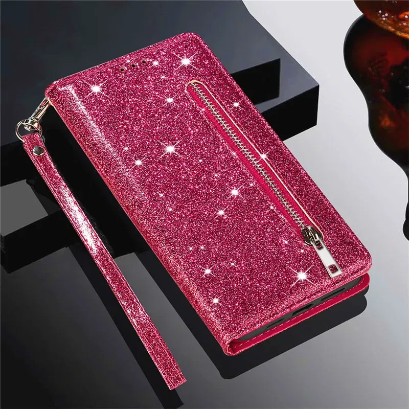 Color: Rose Red, Material: PU - Zipper Flip Wallet Glitter Leather Case for iPhone 16 15 14 13 12 11 Pro Max XS XR 8 7 Plus SE 2022 Mini Bling Stand Phone Cover