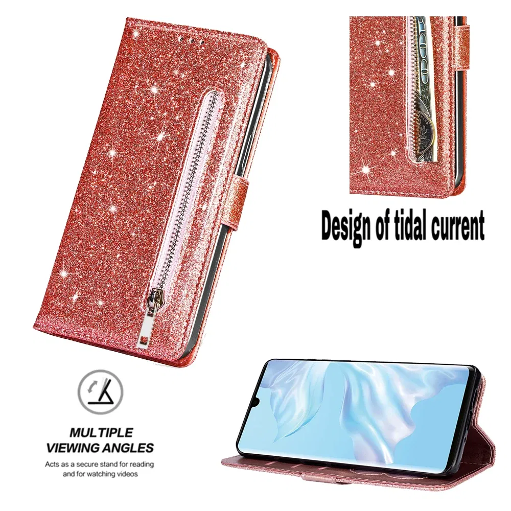 Color: Rose Red, Material: PU - Zipper Flip Wallet Glitter Leather Case for iPhone 16 15 14 13 12 11 Pro Max XS XR 8 7 Plus SE 2022 Mini Bling Stand Phone Cover
