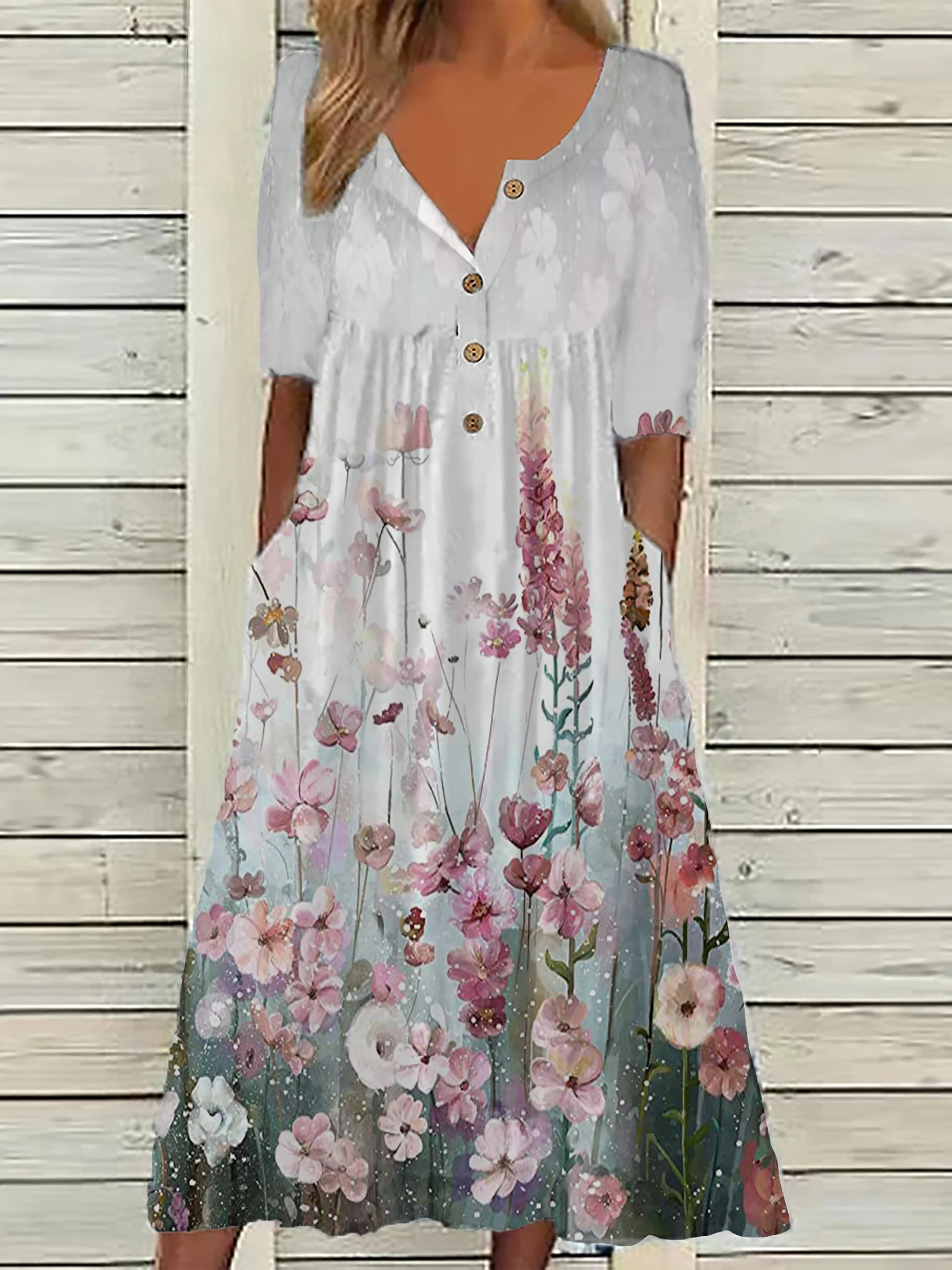 Color: black, Size: 2XL - 2024 Europe and the United States spring new fashion printed V-neck button short sleeve plus size women's size women's pocket