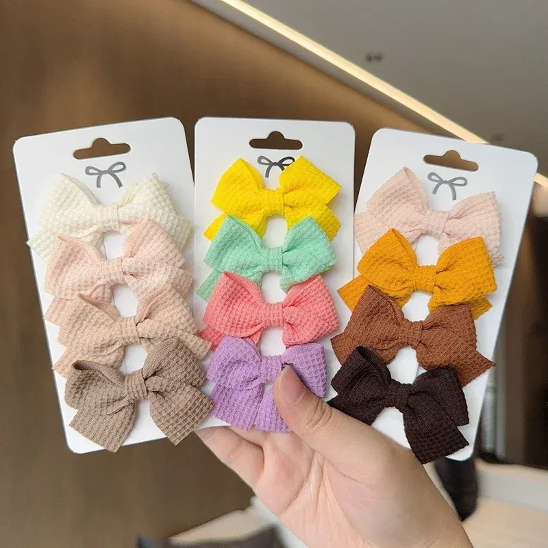 Color: Ginger - 4PCS Soft Cotton Bow Hairpin Girl Sweet Plaid Design Hairpin Color Block Delicate Hairgripe Barrettes Kawaii Child Accessories