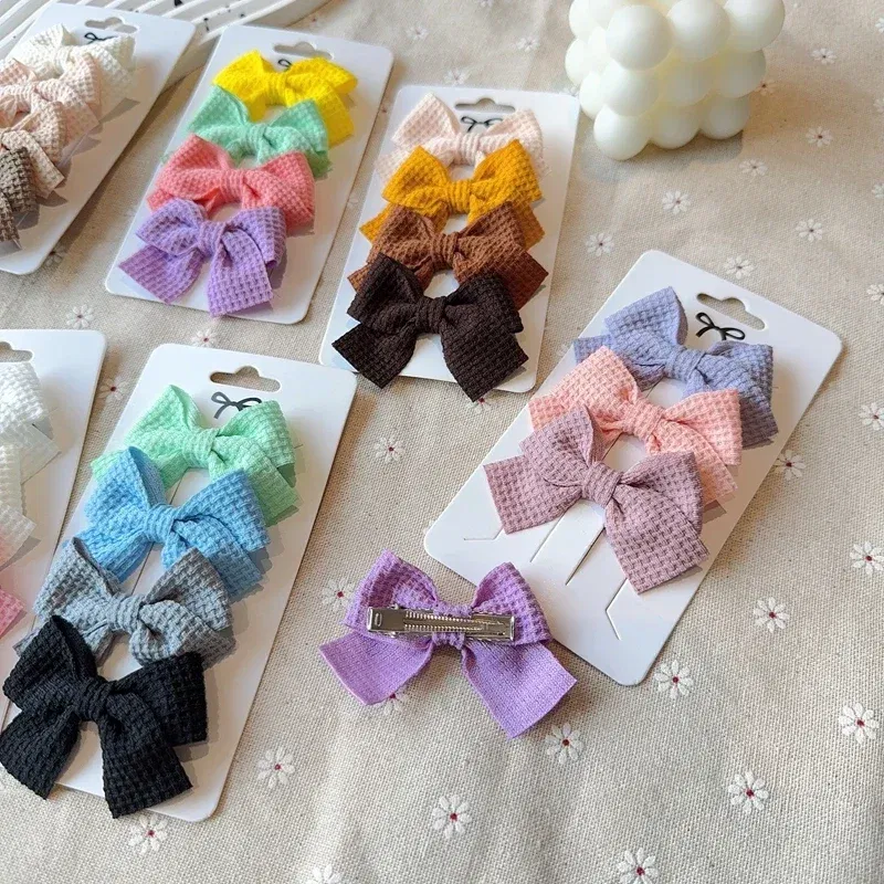 Color: Ginger - 4PCS Soft Cotton Bow Hairpin Girl Sweet Plaid Design Hairpin Color Block Delicate Hairgripe Barrettes Kawaii Child Accessories