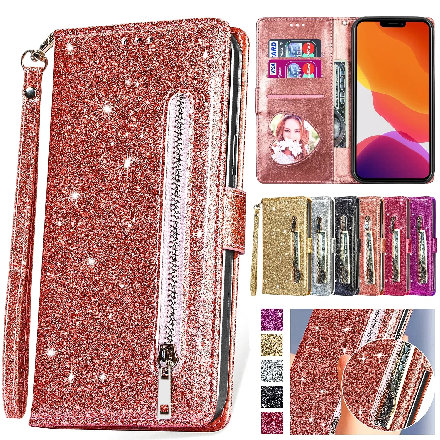 Color: Beige, Material: Denim - Zipper Flip Wallet Glitter Leather Case for iPhone 16 15 14 13 12 11 Pro Max XS XR 8 7 Plus SE 2022 Mini Bling Stand Phone Cover