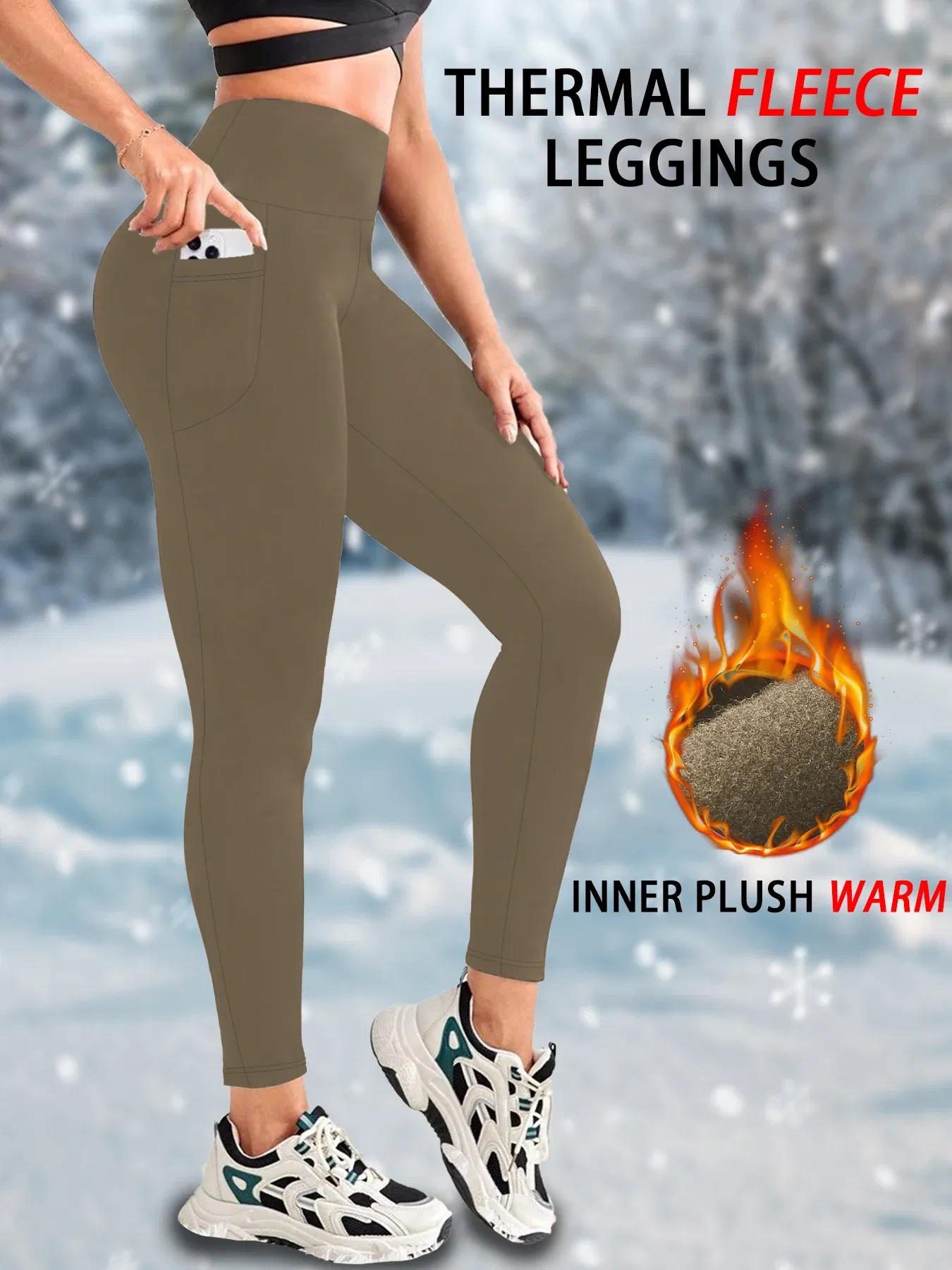 Color: Brown, Size: XL - Womens Thermal Fleece Lined High Waisted with pockets Leggings, Workout Winter Warm Thick Tights Soft Yoga Running Pants