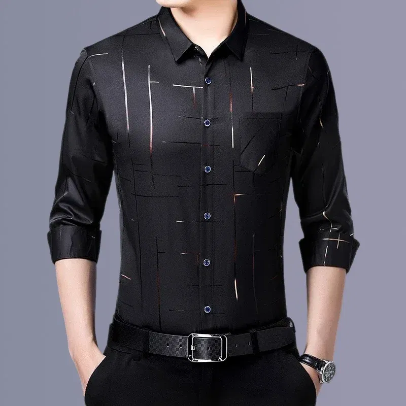 Color: Black, Size: L - Men's Casual and Fashionable Long Sleeved Printed Shirt, Non Ironing and Wrinkle Resistant Business Top