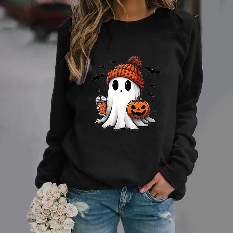 Color: black, Size: M - Cute Ghost Pattern Sweater Women's Casual Halloween Ghost Harajuku Pullover Fall Women's Tops