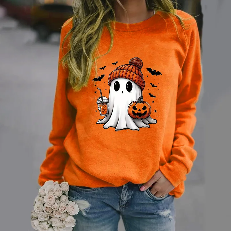 Color: black, Size: M - Cute Ghost Pattern Sweater Women's Casual Halloween Ghost Harajuku Pullover Fall Women's Tops