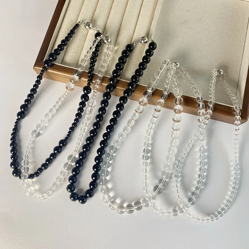 Metal Color: cobalt violet - HUANZHI Transparent Natural Crystal Stone Beads Necklace for Women Magnetic Buckle Chain Collarbone Choker Fashion Jewelry Hot