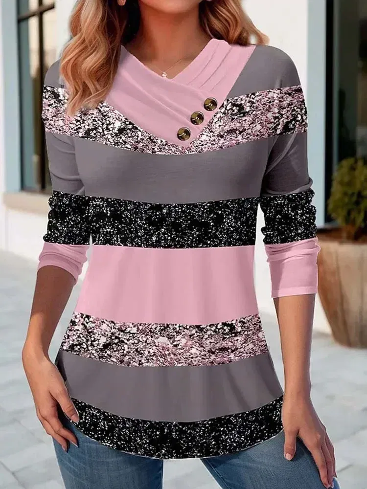 Color: Beige, Size: S - Autumn Striped Color Pullover Sweater Women Casual Fashion Slim Tees T-Shirt Long Sleeve v Neck Button Ladies Tops Blouse