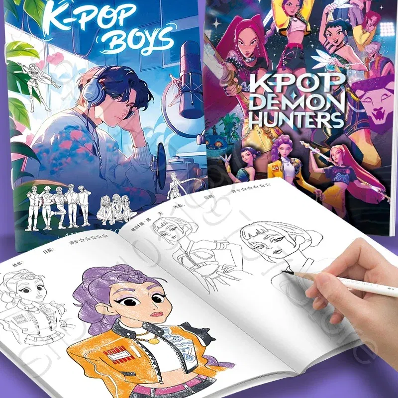 Color: light yellow - KPop Demon Hunter Coloring Books Anime Cartoon Line Drawing Children's Sketch Picture Book Kid's Birthday Gift / Christmas Gift